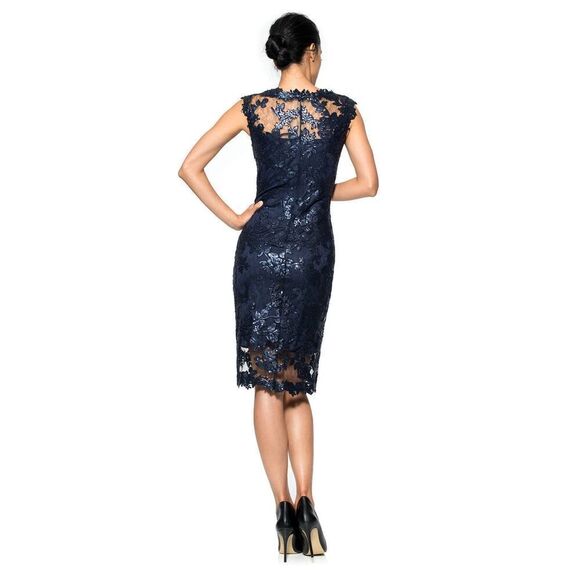 Tadashi Shoji Paillette Embroidered Lace Sheath Cocktail Dress Royal Navy Blue S - Picture 3 of 14